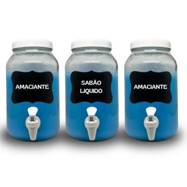 Imagem de Kit lavanderia 3 potes com torneira  sabão , amaciante e alvejante 3 l