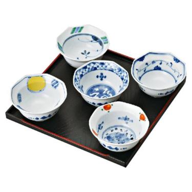 Imagem de Cerâmica Saikai Pottery 30010 Hasami, tigela pequena, octogonal, Nishiki de tingimento pequeno, mudança de imagem, caixa inclusa, diâmetro de 3,3 polegadas (8,5 cm), conjunto de 5