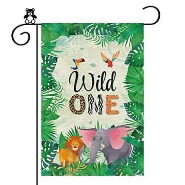 Imagem de Wild One Bandeira de Jardim, Feliz 1º Aniversário Tema Zoo Banner Exterior, Placa Vertical Decór de Festa de Aniversário de 1º Aniversário, Leão e Elefante Placa Dupla Face de Quintal, 30 x 45 cm