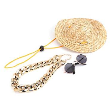 Imagem de 3 Peças de Terno Moderno para Animais de Estimação, óculos de Sol Clássicos retrô para Animais de Estimação, Mini Sombrero, Chapéus de Palha Mexicanos e Colar Dourado Ajustável,