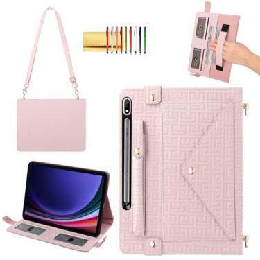 Imagem de Capa de mão para Samsung Galaxy Tab S10 FE/S9 FE 27.7 cm/S7/S8/S9 27.9 cm, Techcircle elegante capa tipo carteira com suporte para lápis, compartimentos para cartões, alça de mão, alça de ombro, rosa