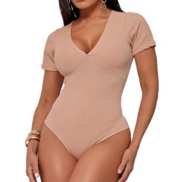 Imagem de Body Feminino Canelado Decote Em V Blusa Verão Básica - LUNNA, Bege, G
