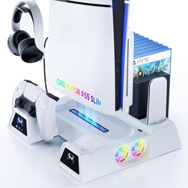Imagem de Dinosoo Suporte Digital/Disco Ps5 Slim E Estação De Resfriamento Com Estação De Carregamento De Controle Para Playstation 5, Ventoinha De 3 Níveis, Slot Para 10 Jogos, 1 Porta De Carregamento, Supor