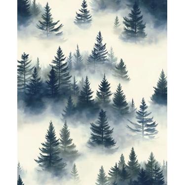 Imagem de Papel de parede azul da floresta nebulosa descasque e cole o mural de parede da árvore da floresta enevoada Boho papel de parede 44,5 cm x 998,2 cm à prova d'água autoadesivo moderno floral para