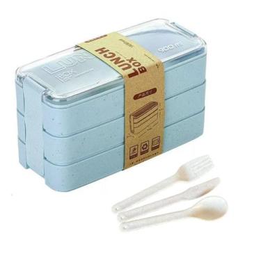 Imagem de Pote Marmita 900ml 3 Camadas Com Talheres Azul Lunch Box Lancheira Fit