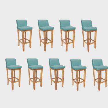 Imagem de Kit 09 Banqueta Alta Com Encosto Aila Balcão Bistrô Base Madeira Maciça Suede Azul Turquesa - Ahz Móveis