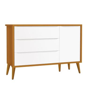 Imagem de Cômoda Infantil 1 Porta e 3 Gavetas Theo Retrô com Pés Amadeirado - Reller Móveis Branco/Savana