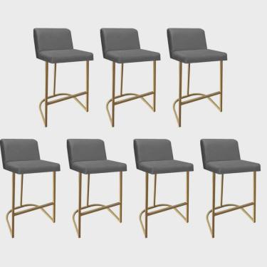 Imagem de Kit 07 Banquetas Com Encosto Noah Luxo Confort Bistrô Cozinha Ferro Dourado Sintético Cinza - Ahz Móveis