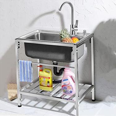 Imagem de FTOQWZXV Pia de garagem, pia de cozinha, tanque único com filtro, pia comercial de aço inoxidável com suporte, para uso externo, interno, garagem, cozinha, lavanderia