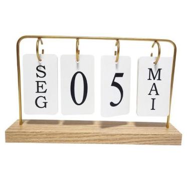 Imagem de Calendario de Mesa Permanente Plaquinhas Escritório Base de Madeira de