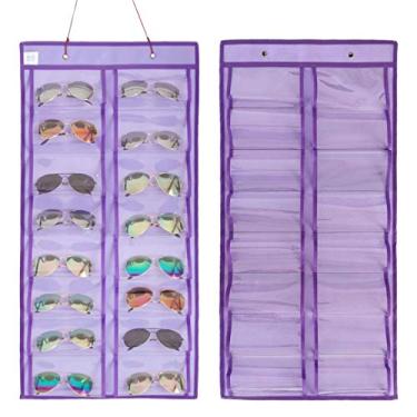 Imagem de ANIZER Óculos de sol com dois lados, organizador de óculos à prova de poeira, bolso de parede, estojo, armazenamento de óculos com 32 compartimentos (PURPLE)