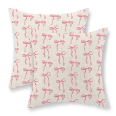 Imagem de JEFERSO Capas de almofada de laço rosa 45,7 x 45,7 cm Conjunto de 2 fronhas modernas estéticas rosa fofas capas de almofada para quarto de meninas quarto de casa almofadas decorativas para sofá