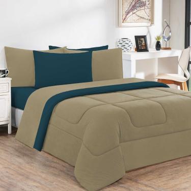 Imagem de Kit Edredom Jogo De Lençol Malha 100% Algodão Gran Moratta 7 Peças Queen Avelã-azul Petróleo