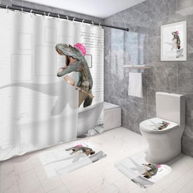 Imagem de Coxila Conjunto de cortina de chuveiro de dinossauro engraçado desenho animado infantil divertido menina menino animal monstro capa de banheiro em forma de U 4 peças decoração banheiro tapete