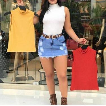 Imagem de blusa feminina gola alta manga cavada malha canelada estilo blogueira 