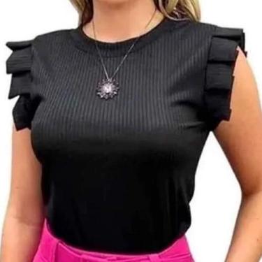 Imagem de Blusa malha canelada com elastano manga curta babado feminino - Filó M