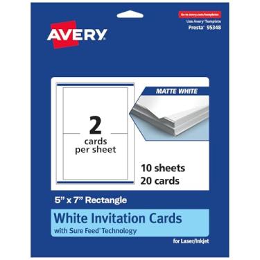 Imagem de Avery Cartões retangulares imprimíveis com tecnologia Sure Feed, 12,7 x 17,8 cm, cartolina branca fosca, laser/jato de tinta, total de 20, ótimo para cartões de convite e cartões de agradecimento