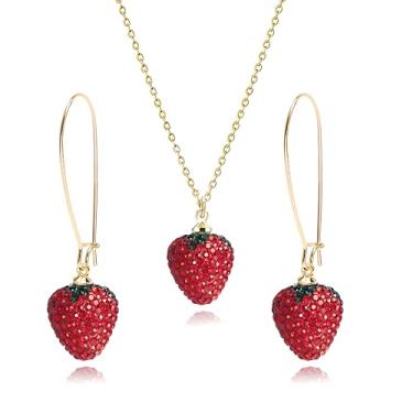 Imagem de WCRAZYE Conjuntos de colar de brincos de morango para mulheres, lindos e realistas, zircônia cúbica, cristal vermelho, fruta, morango, brincos, Medium, Acrílico, Sem Pedra Preciosa