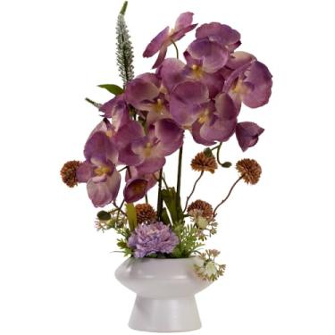 Imagem de LESING Arranjo de flores de orquídeas em vaso, flor artificial de orquídea de seda falsa com vaso de cerâmica, flor de orquídea sintética, bonsai vívido Phalaenopsis para decoração de vasos (vaso