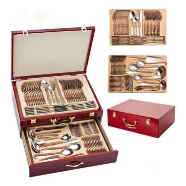 Imagem de Faqueiro Inox 84 Peças Detalhe Dourado Luxo - Siga Tools