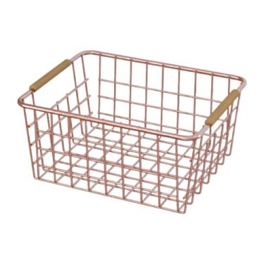 Imagem de Ioensy Cesta de ferro para armazenamento de lanches, organizador de alimentos, metal versátil com alça, organizador de brinquedos para armários de cozinha e, Ouro Rosa 28x17.5x12cm