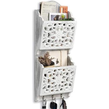 Imagem de Porta-chaves e porta-correio para parede, organizador de correio com 2 compartimentos com 3 ganchos para chaves, porta-chaves organizadores de parede de madeira rústica para chaves de revistas de letras