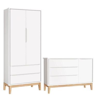 Imagem de Cômoda Com Porta E Guarda Roupa Infantil 2 Portas New Classic Branco Com Pés Madeira Natural ? Reller