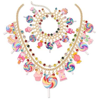 Imagem de HSWE Conjunto de pulseiras de colar em camadas de pirulito de doces para mulheres novidade engraçada colorido cristal brilhante pirulito doce bolo pingente gargantilha colar amizade pulseira conjunto