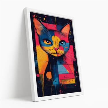 Imagem de Quadro Decorativo Gato Geométrico Colorido Com Moldura Arte Pop Pet Ilustração Moderna Colorida Olhar Estilizado Criativo Formas Abstratas