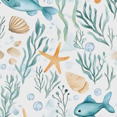 Imagem de BOKEBEVE Papel de parede branco verde peixe descascar e colar papel de contato no fundo do mar Boho papel de parede animal marinho removível à prova d'água para locatário decoração de parede para