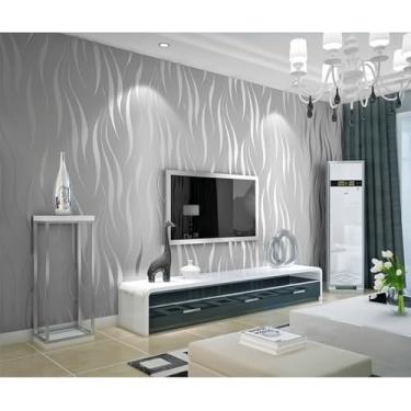 Imagem de Papel de parede não tecido 3D flocagem autoadesivo efeito listrado flash sala de estar quarto hotel decoração pano de parede cinza prata 53 * 950 cm