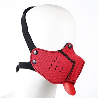 Imagem de QUYUWOWO Máscara de couro com capuz de cachorro, meia face, focinheira com língua, fantasia de Halloween (vermelho, tamanho único)