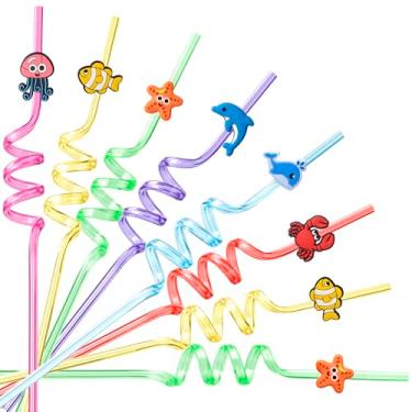 Imagem de Snowfall 12 canudos reutilizáveis de animais marinhos em espiral, lembrancinhas de festa com tema do oceano com 2 escovas de limpeza, suprimentos divertidos para piscina e festa na praia para