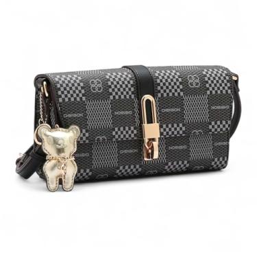 Imagem de Bolsa Transversal Feminina Estruturada, Estilo Elegante, com Monograma e Chaveiro Ursinho (Preto)