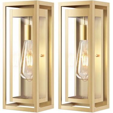 Imagem de Slypadan Suporte de parede para luminária externa dourada grande de 38 cm, pacote com 2 arandelas externas à prova d'água, luzes de parede modernas com sombra de vidro transparente para porta da