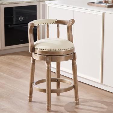 Imagem de RAINMOOD Banquetas de bar, banco de bar de couro genuíno estofado altura giratória bege com costas, pernas de madeira maciça