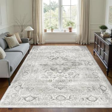 Imagem de xilixili Tapetes 4X6 com Fundo Antiderrapante- Tapetes Laváveis Resistentes A Manchas para Sala de Estar, Quarto e Sala de Jantar, Tapete de Decoração para Casa com Estampa Vintage(Marfim/Cinza, 4'X6'