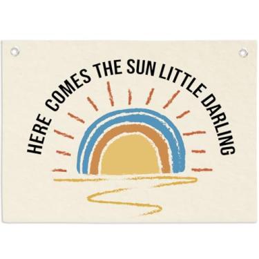 Imagem de Faixa de parede Here Comes The Sun para quarto de crianças, boho inspiratonal lona de linho pendurada, bandeiras, decoração para quarto de bebê, meninos, meninas, berçário, sala de jogos, decoração de
