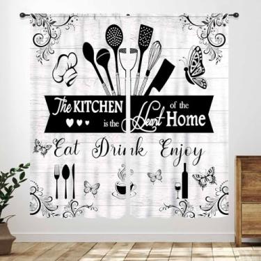 Imagem de Lnepty Cortinas de cozinha rústicas de fazenda, garfo vintage, tema culinário, retrô, pequeno, pequeno, café, cortinas, celeiro, madeira, madeira, prancha, tratamento de janela, 2 painéis, 106 x 150