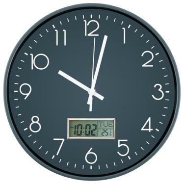 Imagem de Relógio de parede redondo de 11,6 polegadas, relógio de parede operado por bateria com visor LCD para calendário perpétuo e temperatura F, relógio de parede decorativo relógio de número árabe para