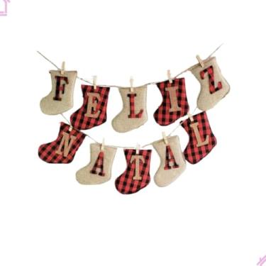 Imagem de Varal Decorativo De Natal De Botinhas Bege E Xadrez Feliz Natal Com Prendedor