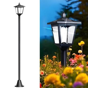 Imagem de Poste de lâmpada solar de 170 cm ao ar livre – Luz de rua LED preta vintage à prova d'água para jardim, quintal, pátio, caminho – iluminação com eficiência energética do crepúsculo ao amanhecer