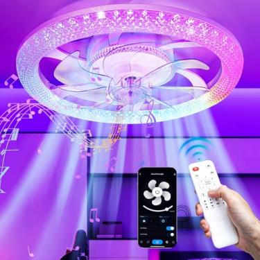 Imagem de Ventiladores de teto de perfil baixo de 50,8 cm com luz e controle remoto, 2 em 1 LED Ventilador De Techo com controle de voz/aplicativo, montagem embutida regulável RGB + CCT moderno Bluetooth