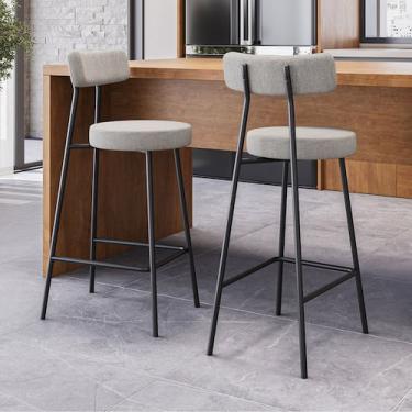 Imagem de Kit 02 Banquetas Alta Cozinha Kobe Estofada com Encosto Linho Cinza - 