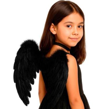 Imagem de Asa Preta Halloween Infantil Fantasia Anjo Anjinho Bruxa Má de Luxo co
