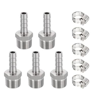 Imagem de METALLIXITY 5 peças de mangueira de aço inoxidável 304 para adaptador macho NPT 5/40.6 cm Barb x 3/20.3 cm NPT macho com 5 peças de braçadeira de mangueira de aço inoxidável para caminhão