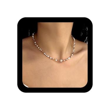 Imagem de Ximdble Colar gargantilha vintage com contas de arroz marrom, marrom e branco, colar de gargantilha de estrela minúscula, colar gargantilha de contas de fio curto, joia feminina