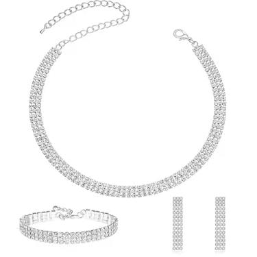 Imagem de ElegGlo Conjunto de joias femininas de cristal de strass, design de tênis, colar de strass, pulseira e brincos de lágrima, acessórios de roupas de festa de noiva de casamento