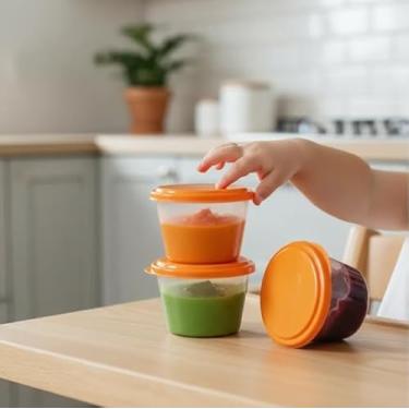 Imagem de Kit 10 Potes para Papinha Gelatina Dieta Plástico Livre de BPA 100ml Recipiente para Armazenamento de Alimentos com Tampa (Laranja)