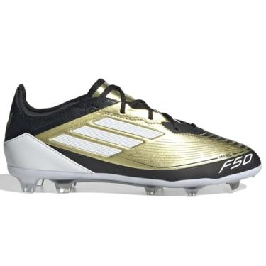 Imagem de adidas Tênis de futebol F50 Pro Messi Youth Firm Ground - Com Messi, parte superior HybridTouch, sola firme para melhor desempenho, Ouro metálico/branco/preto central, 18